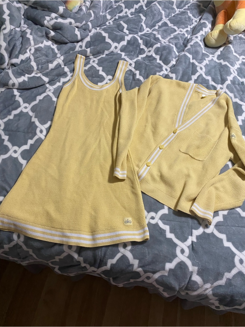 alo tennis club sweater set cardigan jacket dress yellow SZ S